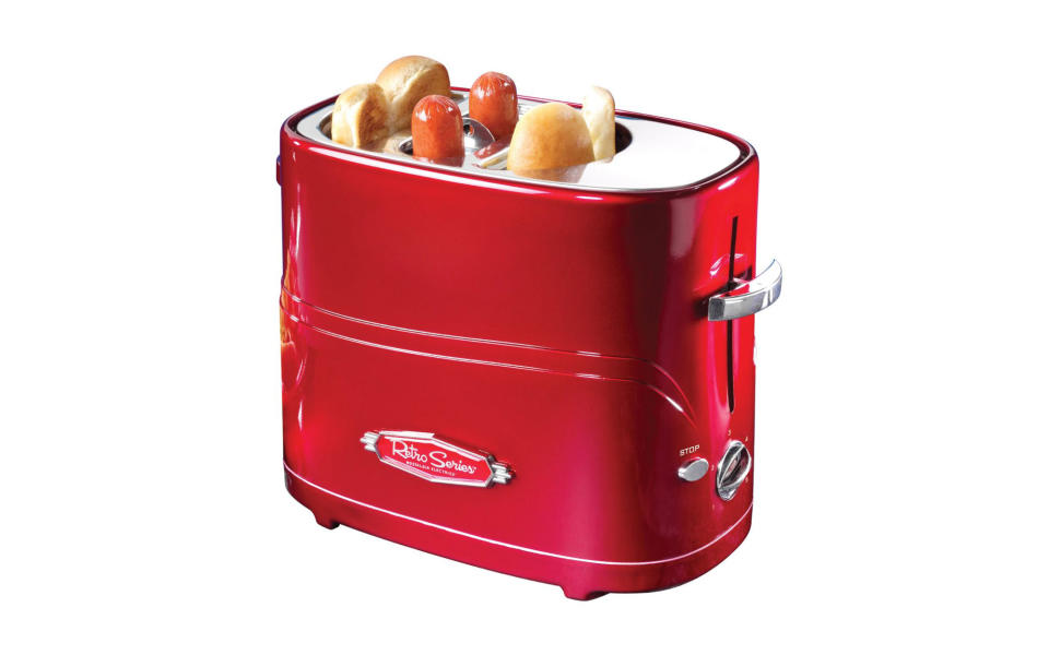 <p>If you love hot dogs, this is the most incredibly useful thing you would never buy for yourself.</p> <p>To buy: <a rel="nofollow noopener" href="https://www.amazon.com/Nostalgia-HDT600RETRORED-Retro-Pop-Up-Toaster/dp/B005Q8X6IO/ref=sr_1_1?ie=UTF8&qid=1474044957&sr=8-1&keywords=Nostalgia+HDT600RETRORED+Retro+Series+Pop-Up+Hot+Dog+Toaster" target="_blank" data-ylk="slk:Amazon;elm:context_link;itc:0;sec:content-canvas" class="link ">Amazon</a>, $15.99</p>