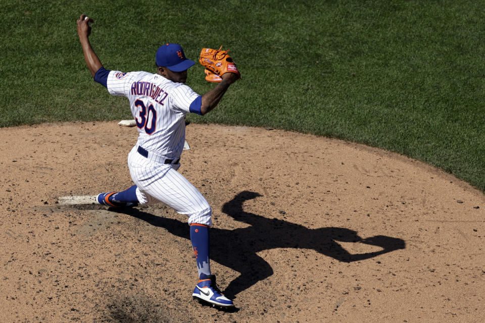 New York Mets pitcher Joely Rodriguez throws during the seventh inning of a baseball game against the Texas Rangers on Sunday, July 3, 2022, in New York. (AP Photo/Adam Hunger)