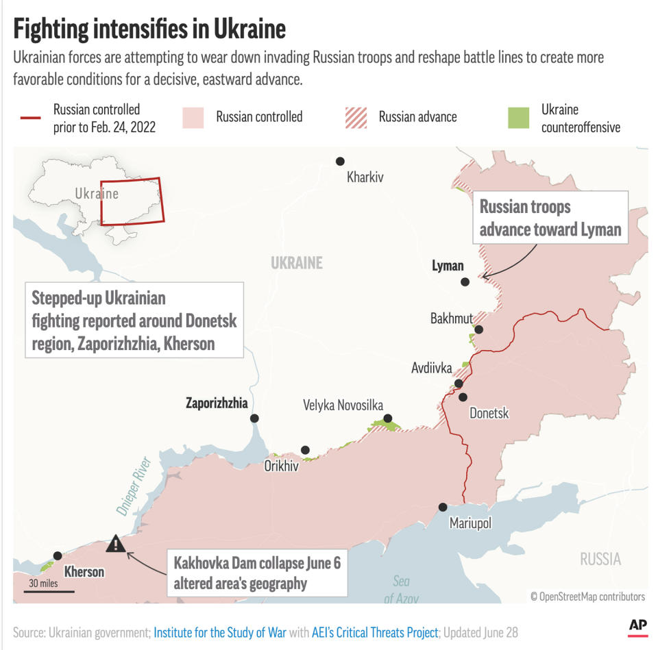 Ukraine's armed forces are trying to wear down Russian troops before making an eastward push. (AP Graphic)