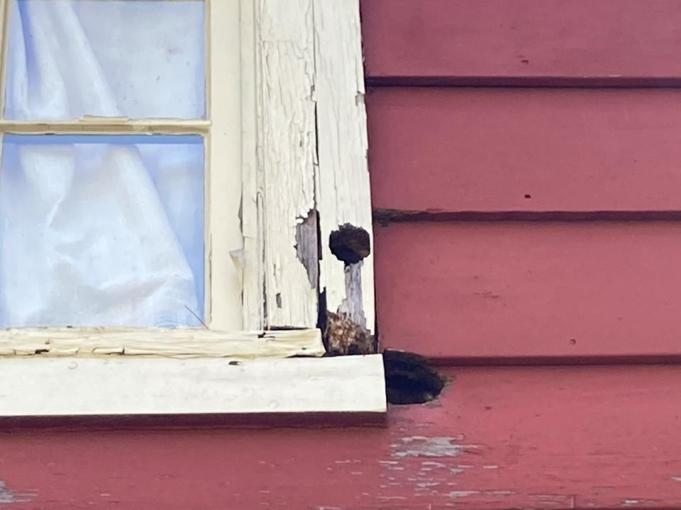 Holes in a window frame and siding of the historic Joseph Murray farmhouse in Middletown.