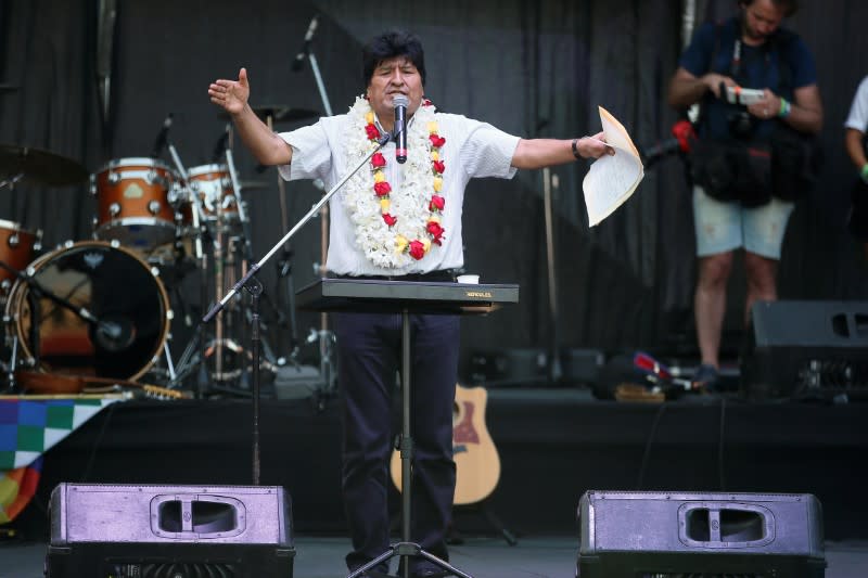 Bolivia's former President Evo Morales attends a celebration of Bolivia's Plurinational State Foundation Day, in Buenos Aires