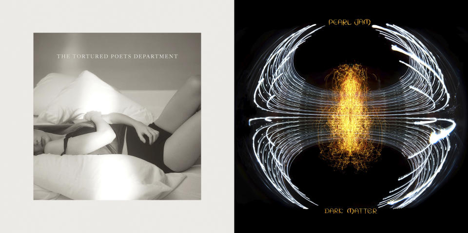 This combination of album covers shows "The "Tortured Poets Department" by Taylor Swift and "Dark Matter" by Pearl Jam. (Republic Records via AP, left, and Monkeywrench/Republic Records via AP)