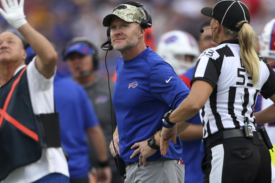 Buffalo Bills' Sean McDermott looks at the scoreboard during the second half of an NFL football game against the Pittsburgh Steelers in Orchard Park, N.Y., Sunday, Sept. 12, 2021. The Steelers won 23-16. (AP Photo/Joshua Bessex)