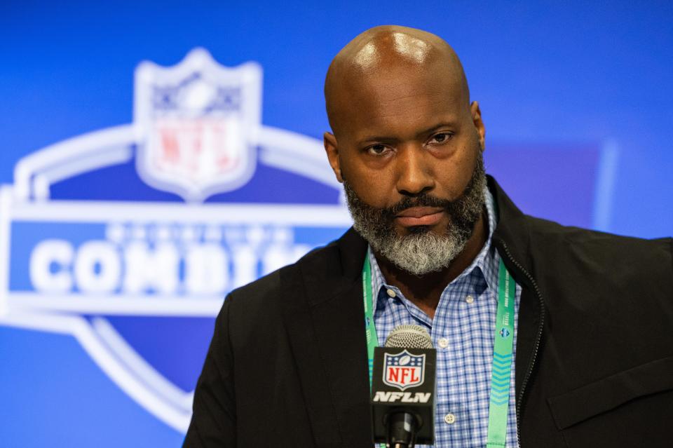 Detroit Lions executive vice president and general manager Brad Holmes speak with media at the NFL combine at Indiana Convention Center, Feb. 27, 2024 in Indianapolis.