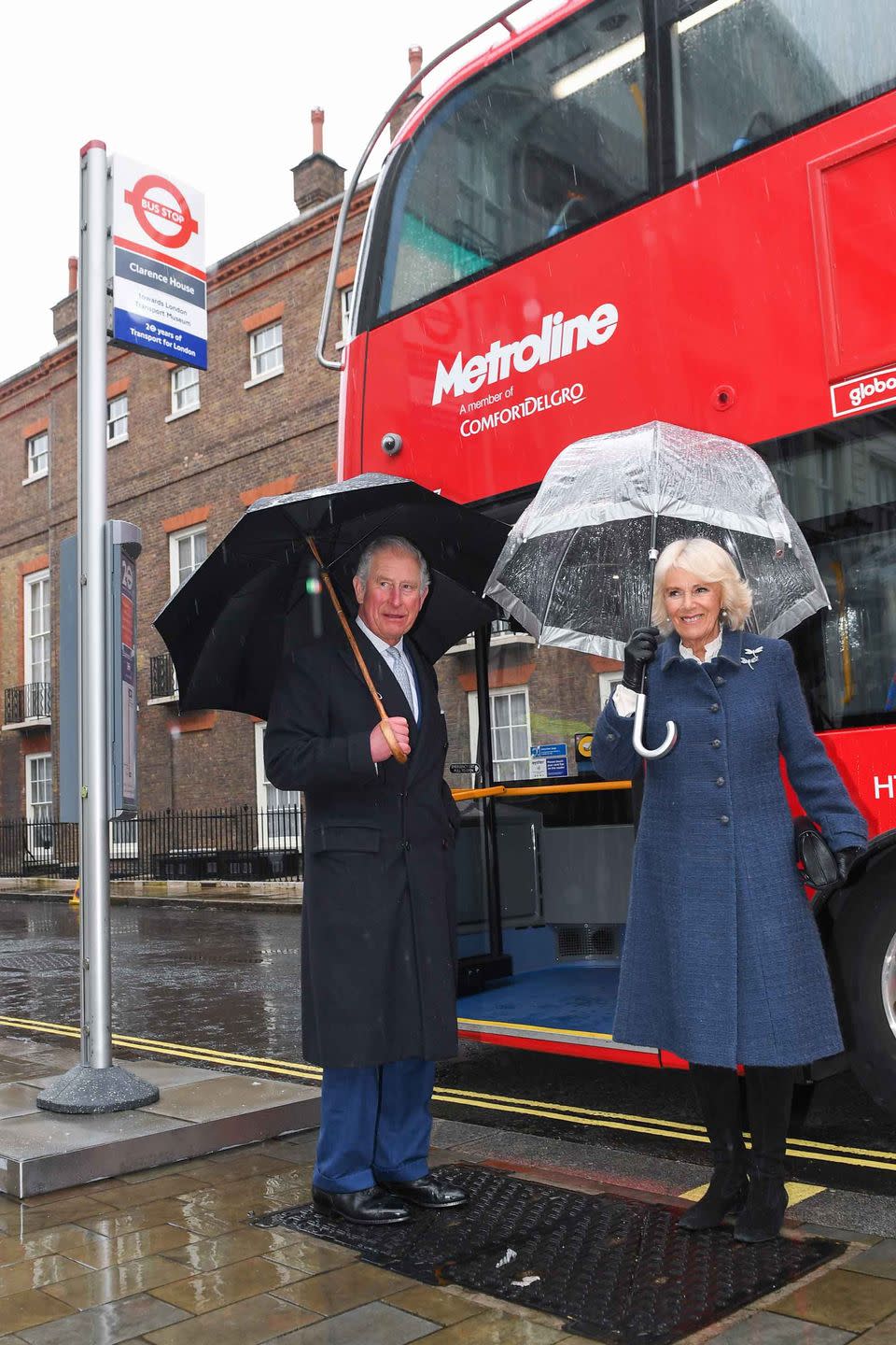 <p>Prince Charles and Duchess Camilla prepare to board a new electric double decker bus at Clarence House.</p>