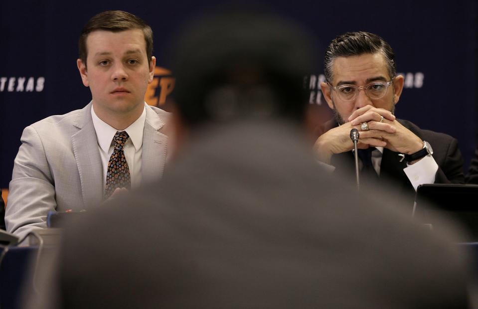 Laramie Stroud, left, and state Rep. César Blanco, D-El Paso, listen to testimony from survivors of the Aug. 3, 2019, mass shooting at Walmart during the Texas House Committee on Mass Violence Prevention and Community Safety on Jan. 9, 2020, at the University of Texas at El Paso campus.