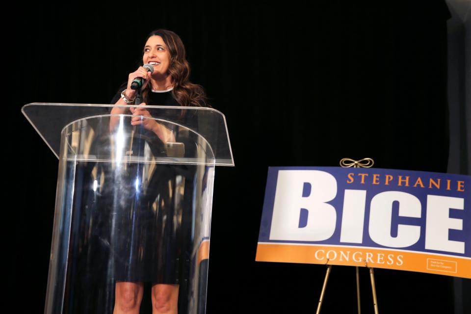 Stephanie Bice speaks Tuesday at an election watch party in Oklahoma City after winning the Republican primary for Oklahoma's 5th Congressional District.