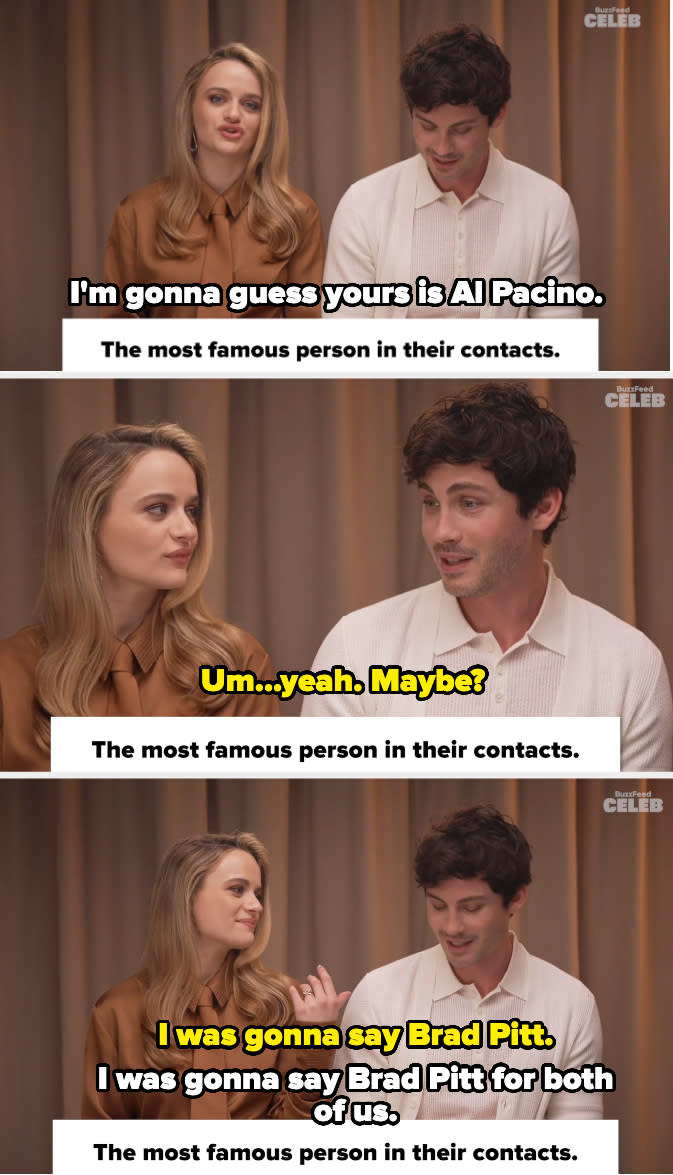 Conversation about "the most famous person in their contacts," with Joey saying his is Al Pacino and then both saying Brad Pitt