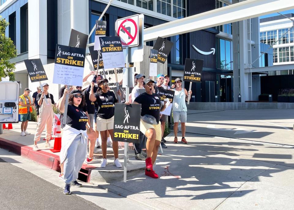 SAG-AFTRA members picket outside of Amazon Studios in Culver City on Friday.