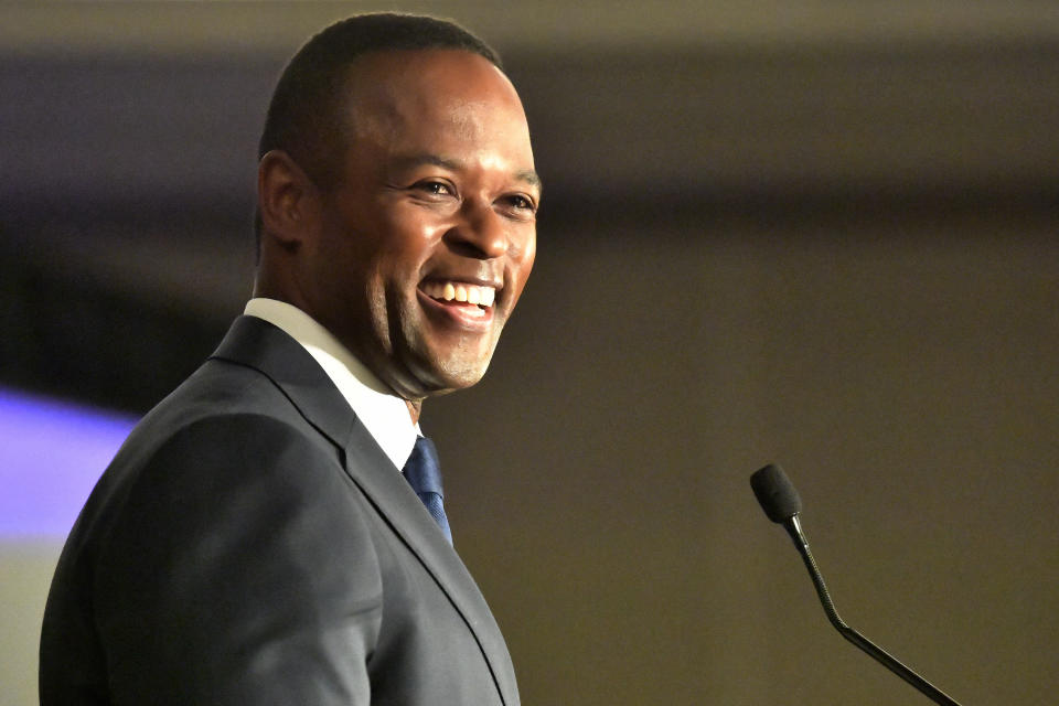 Kentucky Attorney General Daniel Cameron speaks to supporters following his victory in the republican primary in Louisville, Ky., Tuesday, May 16, 2023. (AP Photo/Timothy D. Easley)