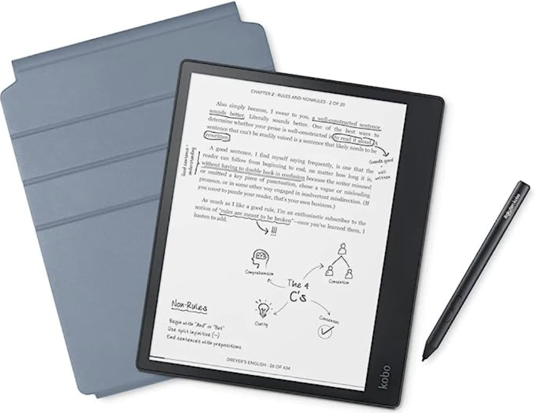 The new Kobo Elipsa 2E with light grey-blue cover and stylus