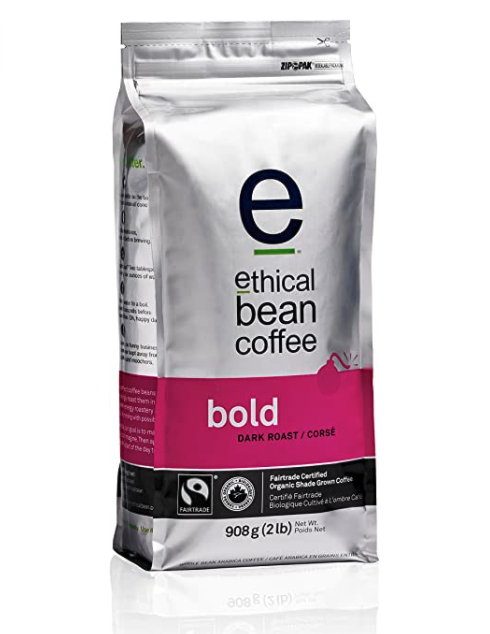 Ethical Bean Fair Trade Organic Coffee, Bold Dark Roast. Image via Amazon.