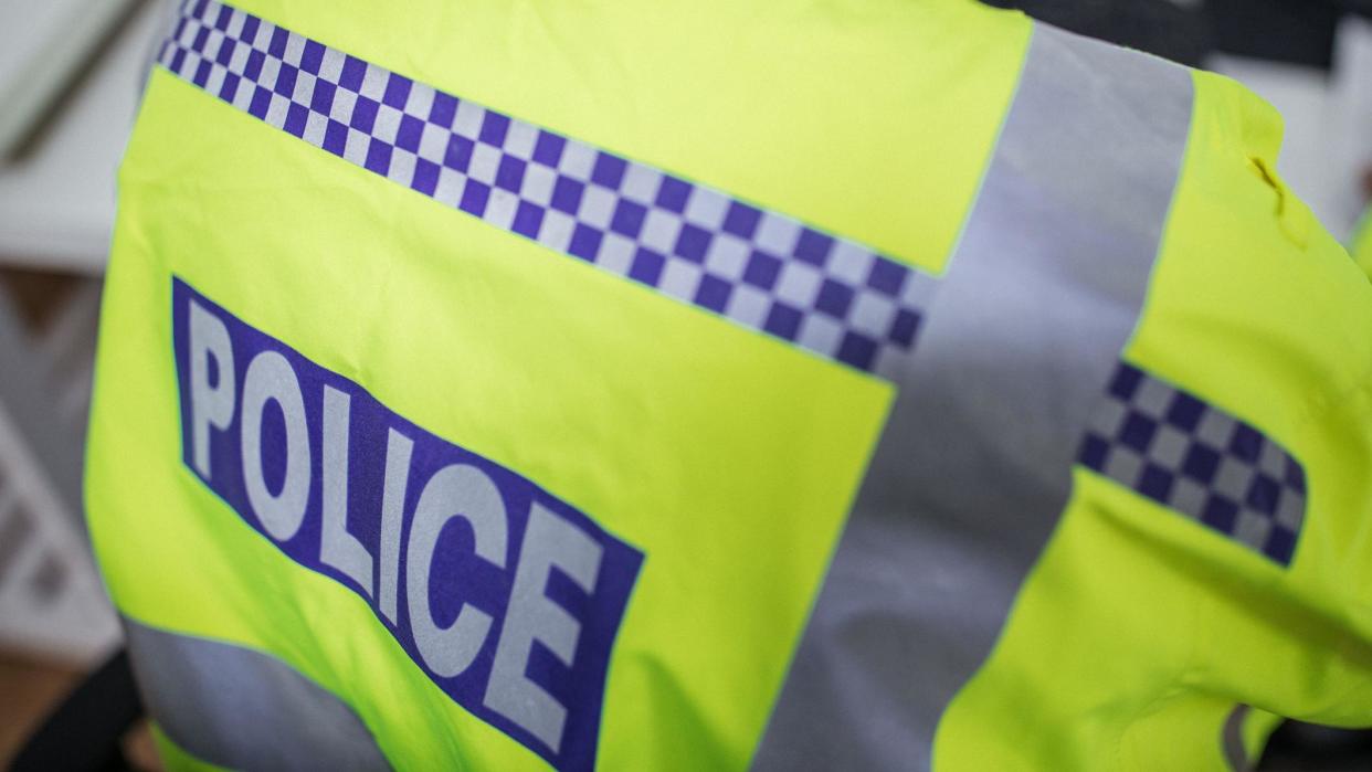 A close-up view of a police officer, seen from behind