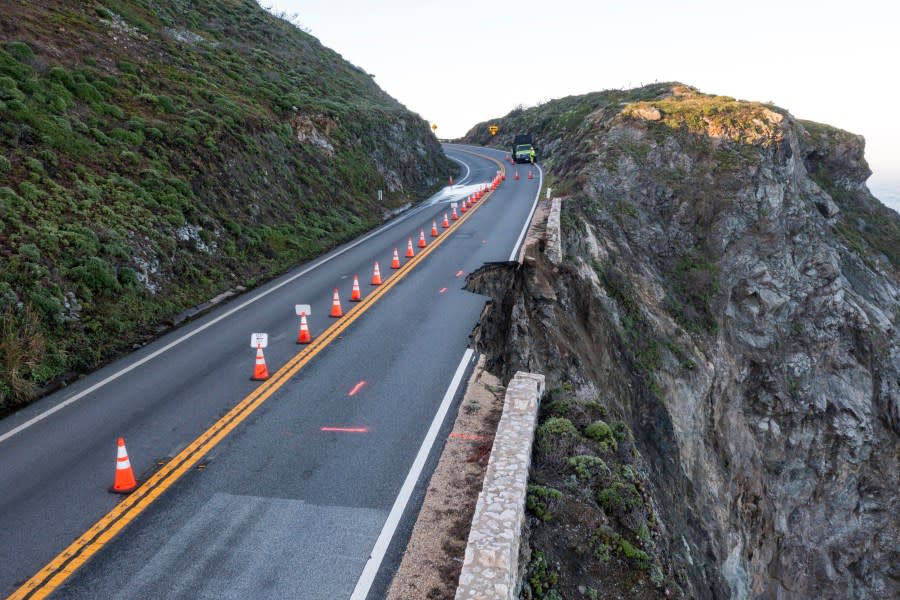 Cones mark a break in the southbound lane of Highway 1 at Rocky Creek Bridge in Big Sur, Calif., Monday, April 1, 2024. (AP Photo/Nic Coury)