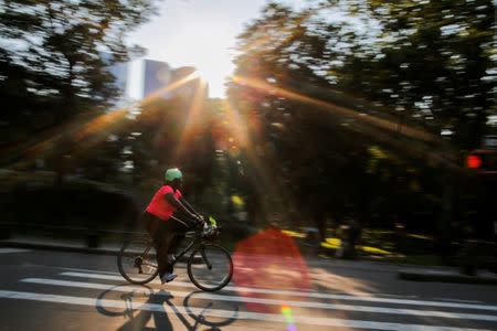 A woman rides a bike on a hot summer day in Central Park, Manhattan, New York, U.S., July 1, 2018. REUTERS/Eduardo Munoz