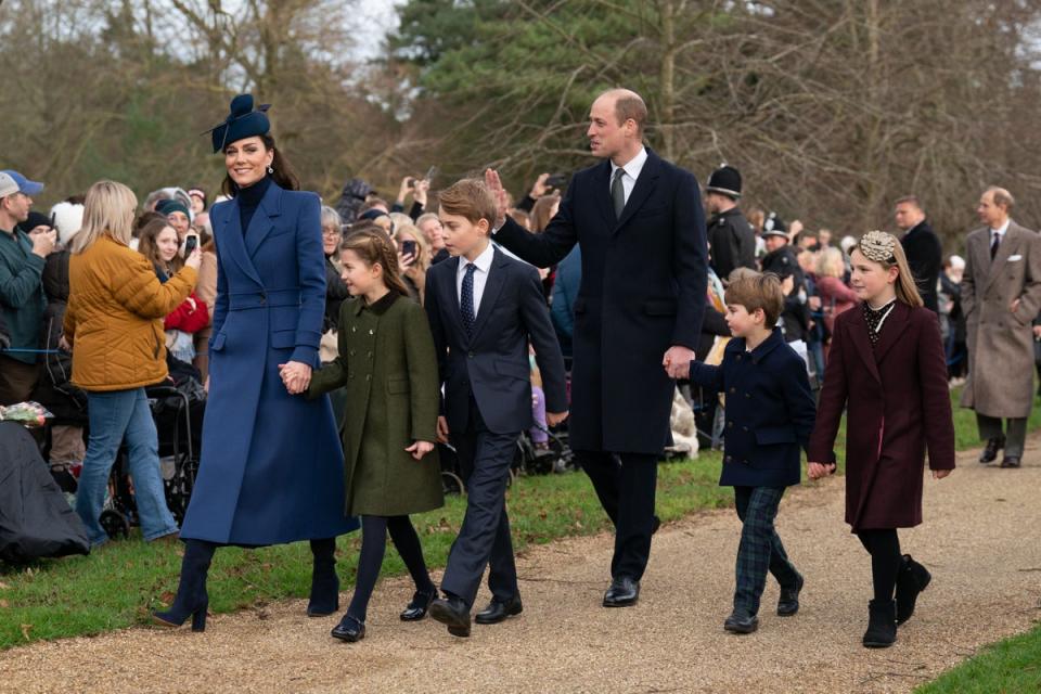 The Princess of Wales, Princess Charlotte, Prince George, the Prince of Wales, Prince Louis and Mia Tindall attending the Christmas Day morning church service at St Mary Magdalene Church in Sandringham, Norfolk in what was Kate’s last verified public appearance before her recent break from duties (Joe Giddens/PA) (PA Wire)