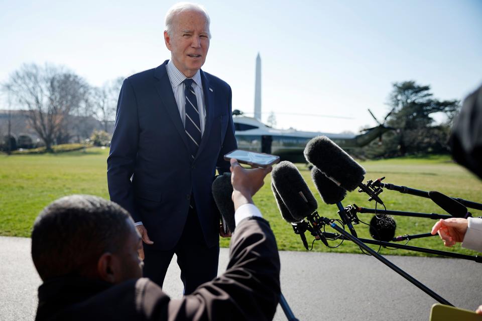 President Joe Biden talks briefly with reporters after returning to the White House on February 19, 2024 in Washington, DC. Biden and first lady Jill Biden returned to the White House after spending the weekend in Delaware.