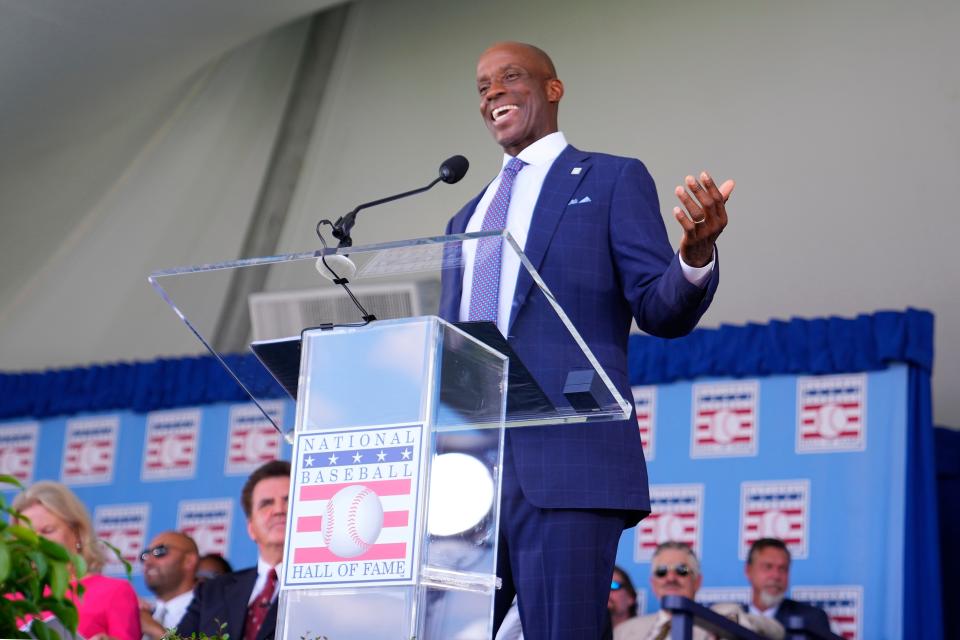 Fred McGriff makes his acceptance speech during the National Baseball Hall of Fame Induction Ceremony on Sunday.