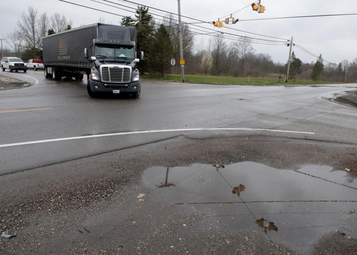 A truck turns at the intersection of Routes 224 and 225 in Deerfield Township, where Ohio Department of Transportation is considering constructing a roundabout in the next few years. ODOT says it has secured $4.6 million for the project.