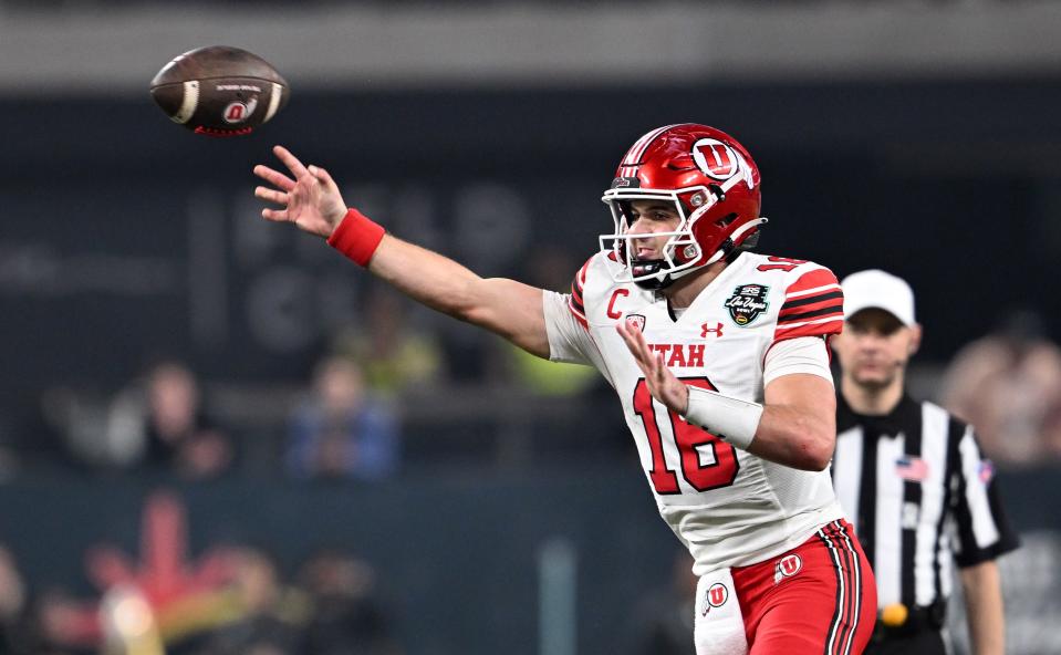 Utah Utes quarterback Bryson Barnes (16) tries to pass as Utah and Northwestern play in the SRS Distribution Las Vegas Bowl at Allegiant Stadium on Saturday, Dec. 23, 2023. Northwestern won 14-7. | Scott G Winterton, Deseret News