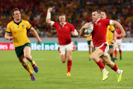 Mark Kolbe (Getty Images) captures Gareth Davies of Wales seconds from scoring a try in his side’s 29 - 24 victory over the Wallabies.