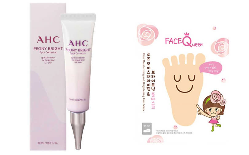 WHITENING>>AHC無瑕煥白淡斑精華乳 20ml／特價2件1,000元、FACE Queen玫瑰粉嫩白保濕護足膜 1入／特價2包89元（圖／品牌提供）