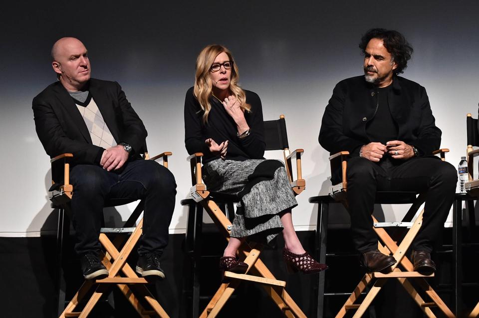 Scott Bernstein and nominees Dede Gardner and Alejandro G. Inarritu speak at the 2016 Producers Guild Award Nominee Breakfast on January 23, 2016 in Los Angeles. (Photo by Jordan Strauss for Producers Guild)