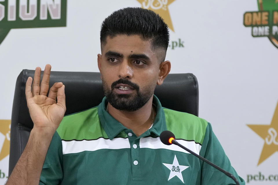 Pakistan's captain Babar Azam gives a press conference regarding team's preparation for upcoming Cricket World Cup, in Lahore, Pakistan, Tuesday, Sept. 26, 2023. (AP Photo/K.M. Chaudary)