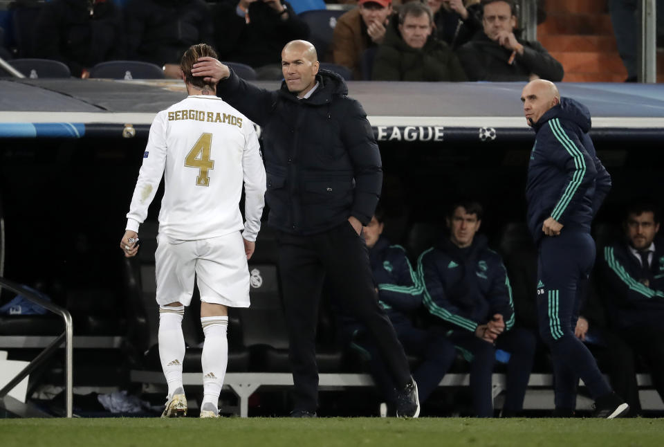 MADRID, SPAIN - FEBRUARY 26: Sergio Ramos of Real Madrid leaves the pitch after being shown red card during the UEFA Champions League round of 16 first leg soccer match between Real Madrid and Manchester City at Santiago Bernabeu in Madrid, Spain on February 26, 2020. (Photo by Burak Akbulut/Anadolu Agency via Getty Images)