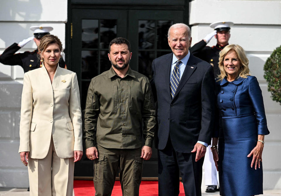 Image: President Joe Biden and first lady Jill Biden welcome Ukrainian President Volodymyr Zelensky and first lady Olena Zelenska at the South Portico of the White House  on Sept. 21, 2023. (Saul Loeb / AFP - Getty Images)
