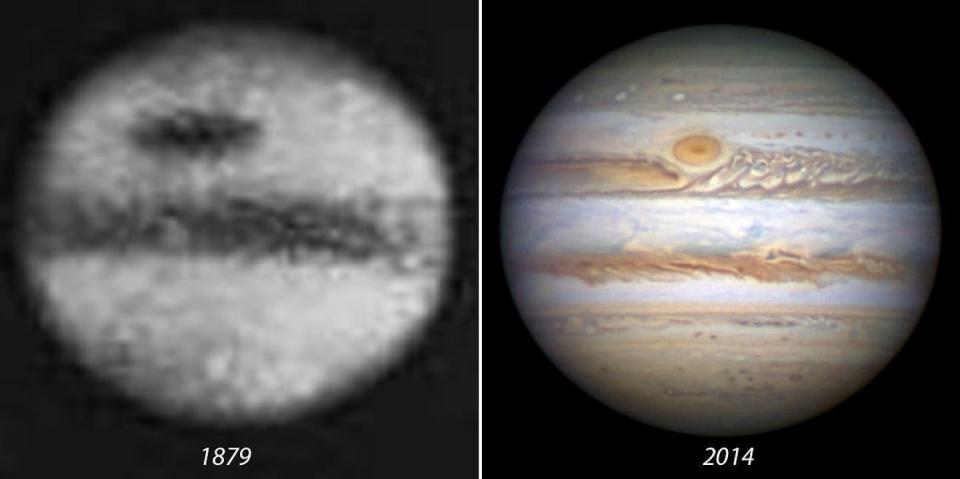 La mancha ha menguado. A la izda la fotografía obtenida en Ealing (Londres) el 3 de septiembre de 1879. A la derecha, imagen de Júpiter tomada por el Hubble. <a href="https://hubblesite.org/contents/media/images/2014/24/3372-Image.html" rel="nofollow noopener" target="_blank" data-ylk="slk:NASA/ESA/STScI;elm:context_link;itc:0;sec:content-canvas" class="link ">NASA/ESA/STScI</a>, <a href="http://creativecommons.org/licenses/by/4.0/" rel="nofollow noopener" target="_blank" data-ylk="slk:CC BY;elm:context_link;itc:0;sec:content-canvas" class="link ">CC BY</a>