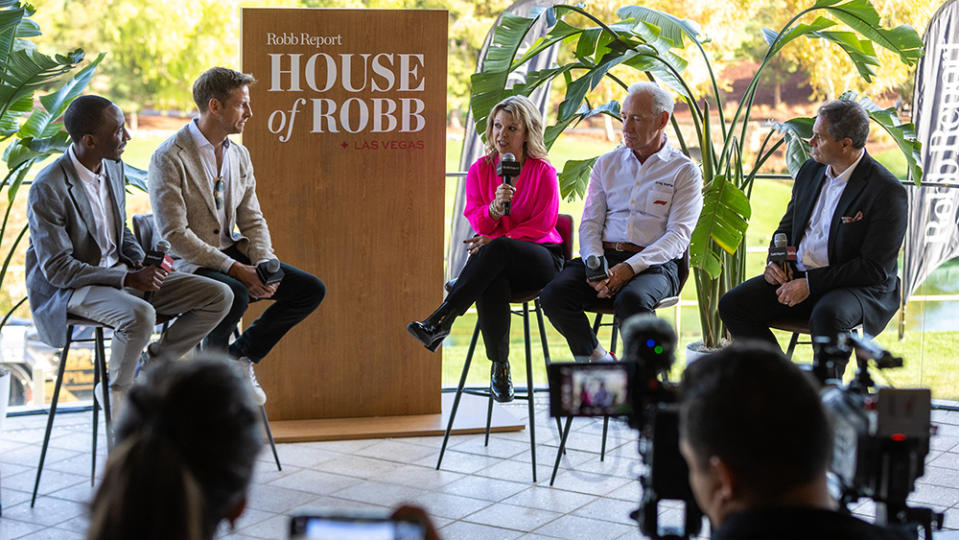 Eric Jackson, Jenson Button, Renee Wilm, Greg Maffei and Viju Mathew at House of Robb at Wynn Las Vegas