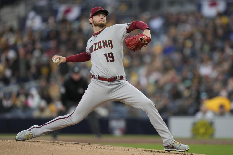 Arizona Diamondbacks starting pitcher Ryne Nelson works against a San Diego Padres batter during the first inning of a baseball game Monday, April 3, 2023, in San Diego. (AP Photo/Gregory Bull)