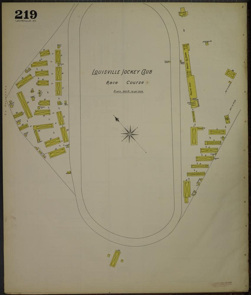 A Sanborn Fire Insurance map from 1892 shows Churchill Downs, which at the time was called the Louisville Jockey Club, and the placement of the paddock on the racetrack's south side.