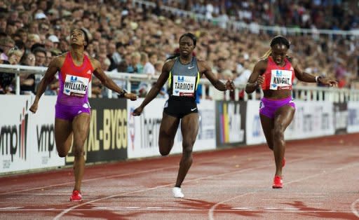 USA's Charonda Williams (L), Jeneba Tarmoh (C) and Bianca Knight compete during the women's 200m race of the DN Galan Diamond League athletics meeting at the Stockholm Olympic Stadium. Williams won