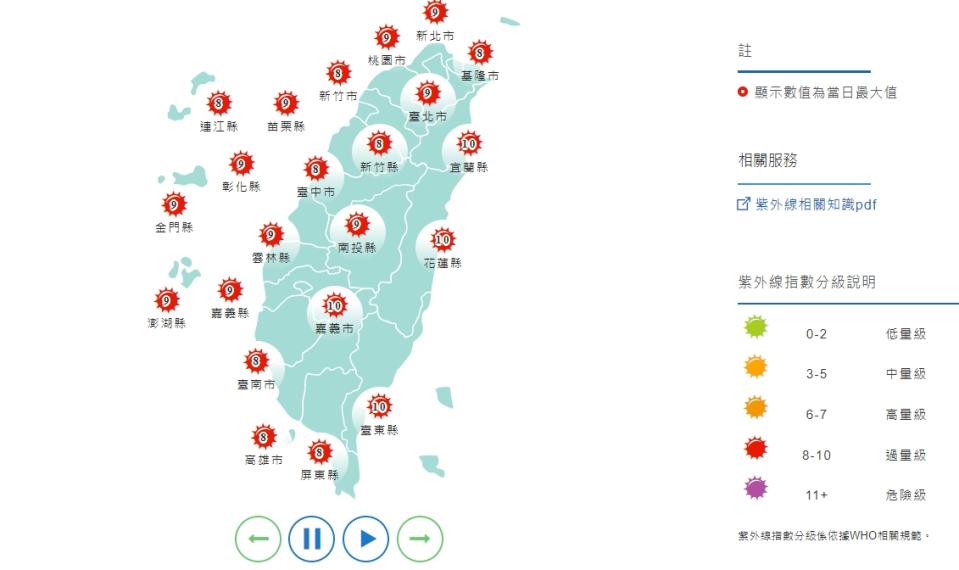 今日各地紫外線為過量等級。（圖／翻攝自中央氣象局）