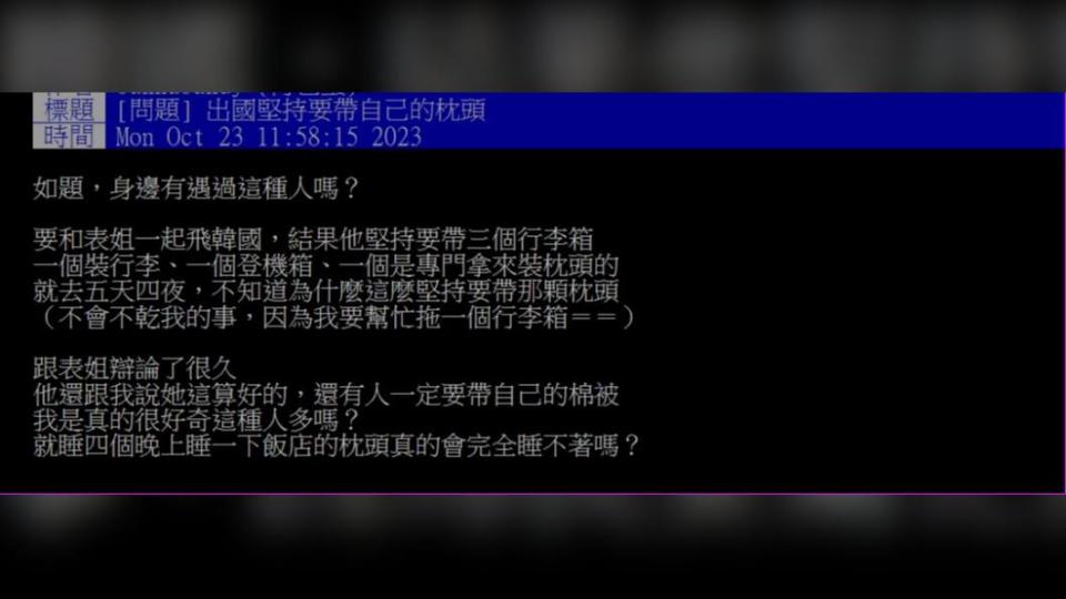 表姊堅持要帶枕頭出國，讓原PO感到不解。（圖 / 翻攝自PTT）