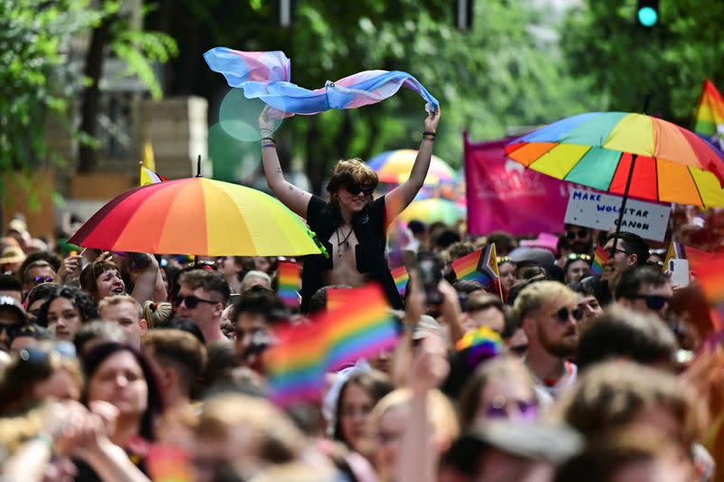 People attend the annual Pride march in Budapest