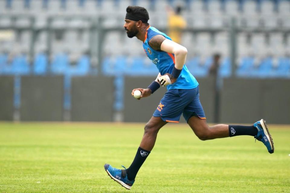 Hardik Pandya during a nets session in Mumbai.