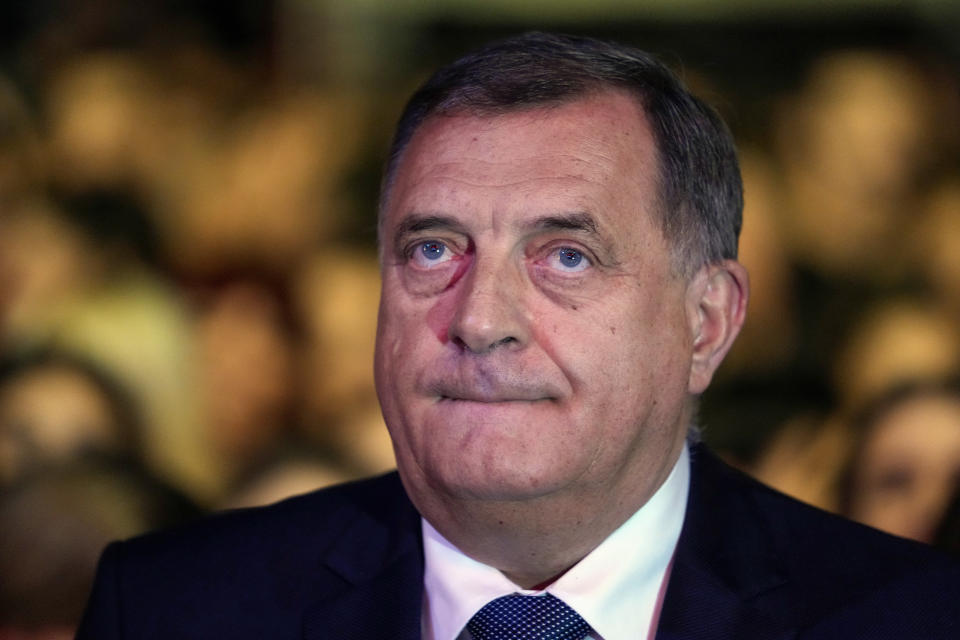 FILE - Bosnian Serb leader Milorad Dodik attends the final campaign rally in the Bosnian town of Banja Luka, 240 kms northwest of Sarajevo, on Friday, Sept. 30, 2022. The Bosnian Serb separatist leader on Monday, Oct. 16, 2023 refused to enter a plea on court charges that he has defied the top international envoy overseeing peace in the Balkan country, displaying his disrespect for the state that went through a bloody war in the 1990's and is again facing possible disintegration. (AP Photo/Darko Vojinovic, File)