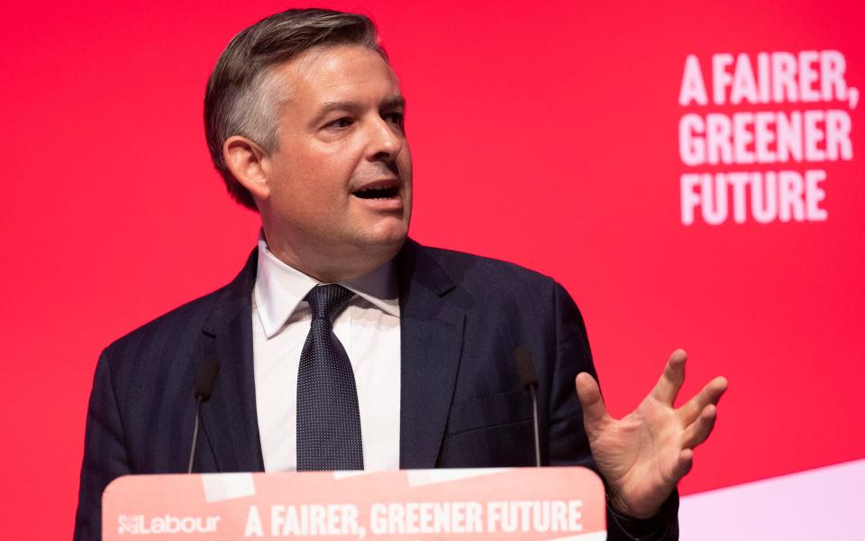 Jonathan Ashworth, the shadow work and pensions secretary, is pictured addressing the Labour Party conference in Liverpool this morning&nbsp; - Eddie Mulholland for The Telegraph