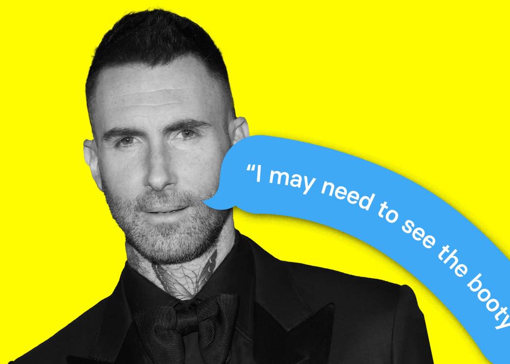 Adam Levine with a text bubble drooping out of his mouth that says 