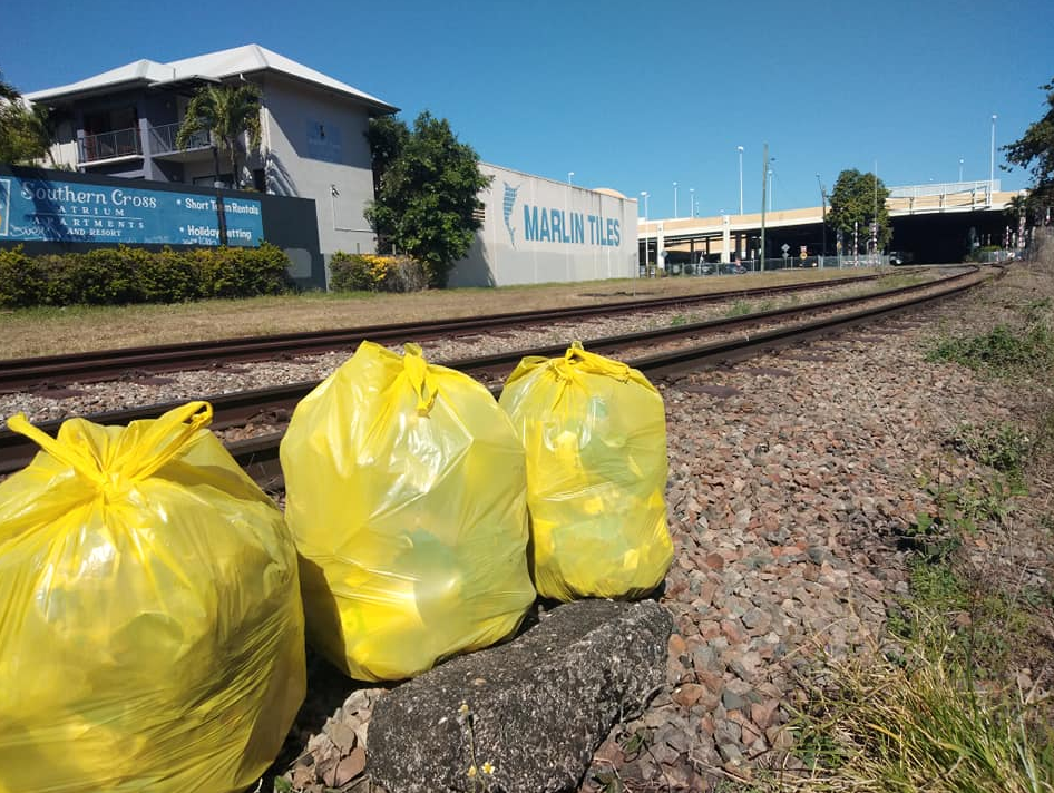 Three bags sat near a train track Mr Wyse has cleaned up. Source: Supplied