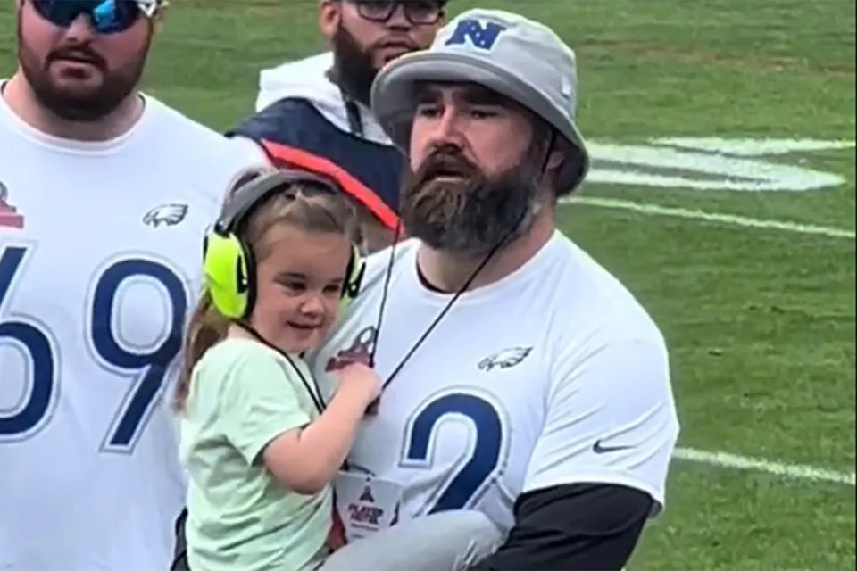 <p>Spencer Gilliam/rtsgoatfarm/TikTok</p> Jason Kelce and daughter Wyatt