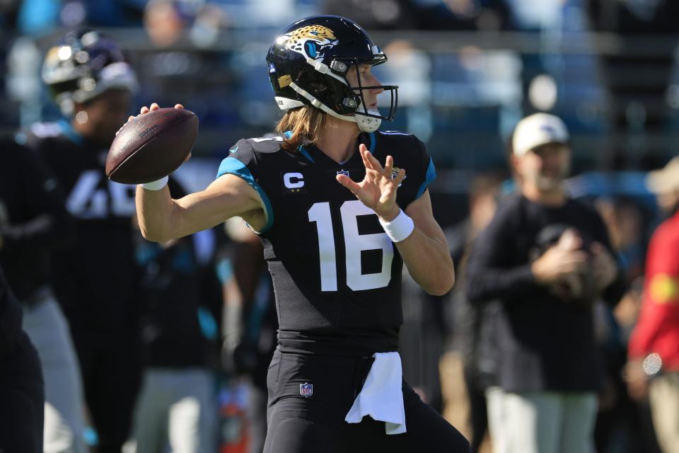 Jacksonville Jaguars quarterback Trevor Lawrence (16) looks to pass before a regular season NFL football matchup between the Jacksonville Jaguars and the Dallas Cowboys Sunday, Dec. 18, 2022 at TIAA Bank Field in Jacksonville. [Corey Perrine/Florida Times-Union]