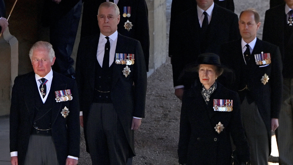 From L: King Charles, Prince Andrew, Princess Anne, Prince Edward. Photo by Pool/Max Mumby/Getty Images