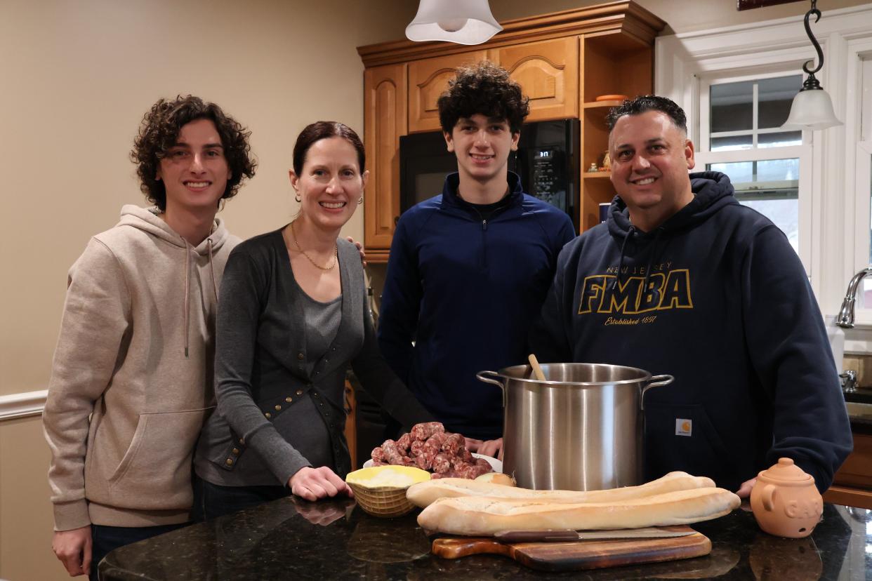 Pasta and sauce is a winning combination for an annual food drive brothers Dominic and Sebastian Mercado started in 2020 in Vineland. Left-right: Sebastian, 18; mom Kristi; Dominic, 16; and dad Carlos Mercado. PHOTO: April 2024.