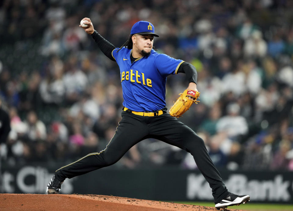 Seattle Mariners starting pitcher Luis Castillo throws against the Houston Astros during the second inning of a baseball game Friday, May 5, 2023, in Seattle. (AP Photo/Lindsey Wasson)