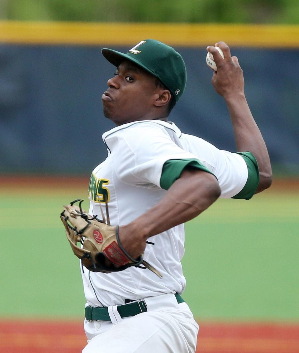 Jo Jo Gray pitching for Le Moyne against Merrimack in the NCAA-II East Regional playoff game at Pace University in Pleasantville May 17, 2018.