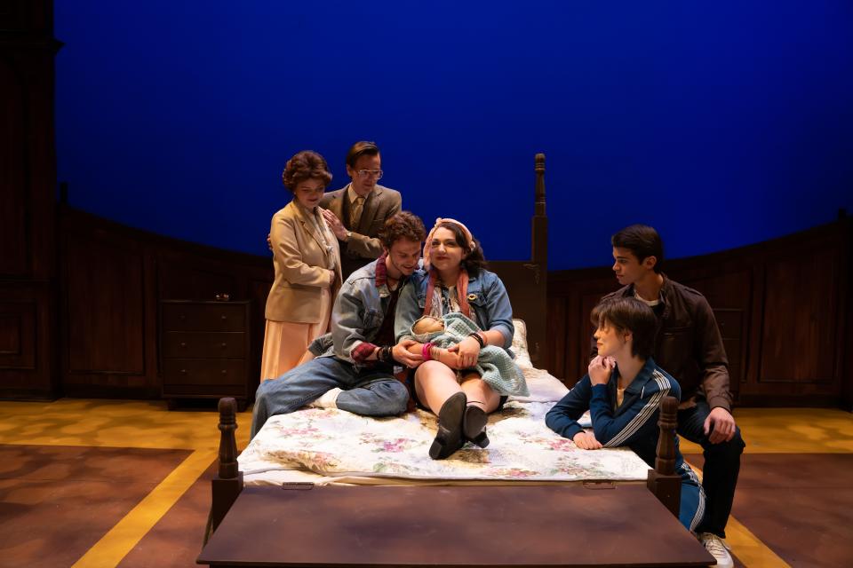 Left to right, Ava Meyer, Daniel Keener, Ben Sanford, Julia Murphy, Claire Stancy, and David Graves in the Otterbein Summer Theatre production of “Baby.”